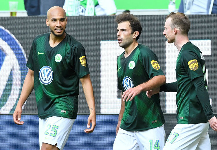 Admir Mehmedi celebrates scoring his first goal for Wolfsburg in Bundesliga