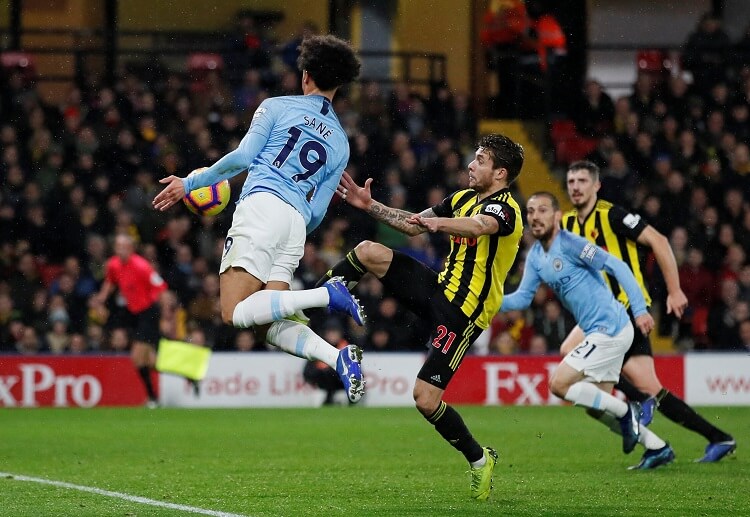 Manchester City’s Leroy Sane opens he Premier League scoring five minutes before the first-half ended