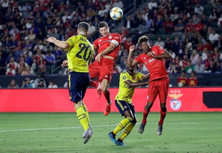 Robert Lewandowski has scored a header for Bayern Munich during their International Champions Cup with Arsenal